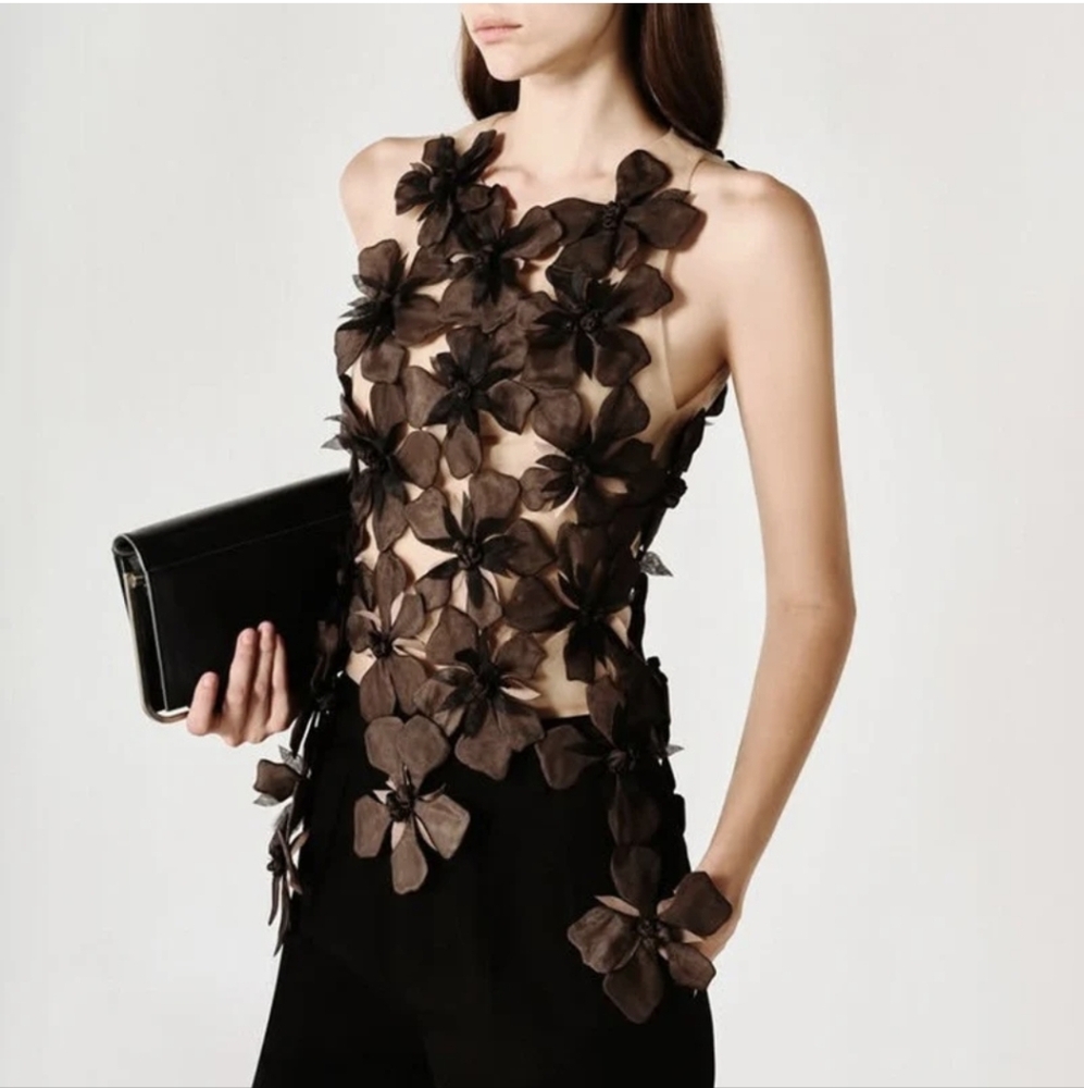 Floral Embellished Sleeveless Top - Cream and Brown